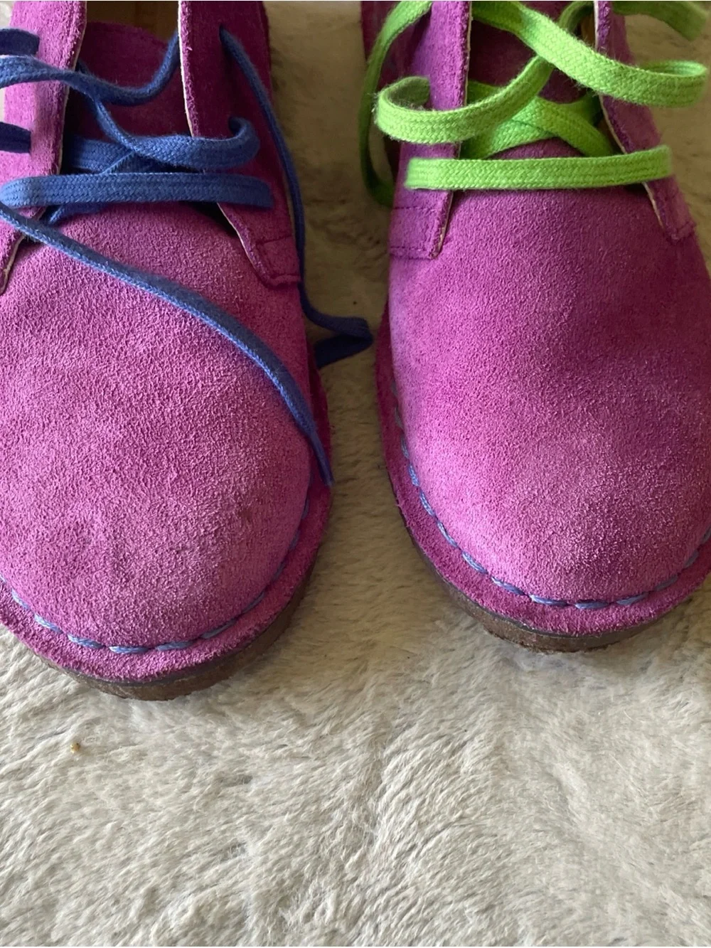 L.L. Bean Kids Fuchsia Suede Desert Boots with Blue and Green Laces